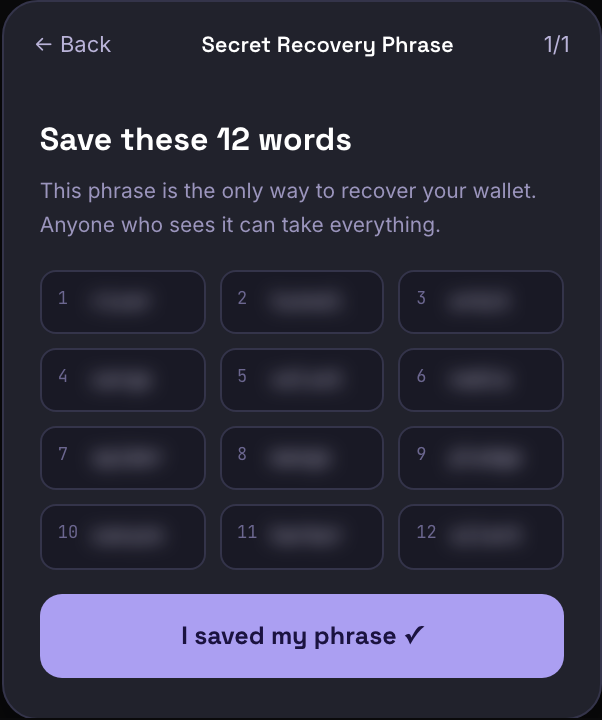 Phantom recovery phrase screen